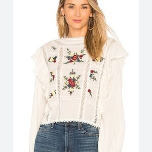 Free People Amy Top Cream Embroidered Boho Blouse Size L